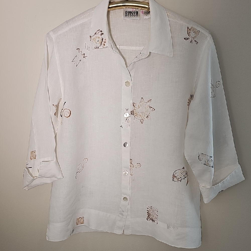 Chico's‎ Womens Design White Button-Up Shirt. 100% Linen. Size 1 (Meduim)